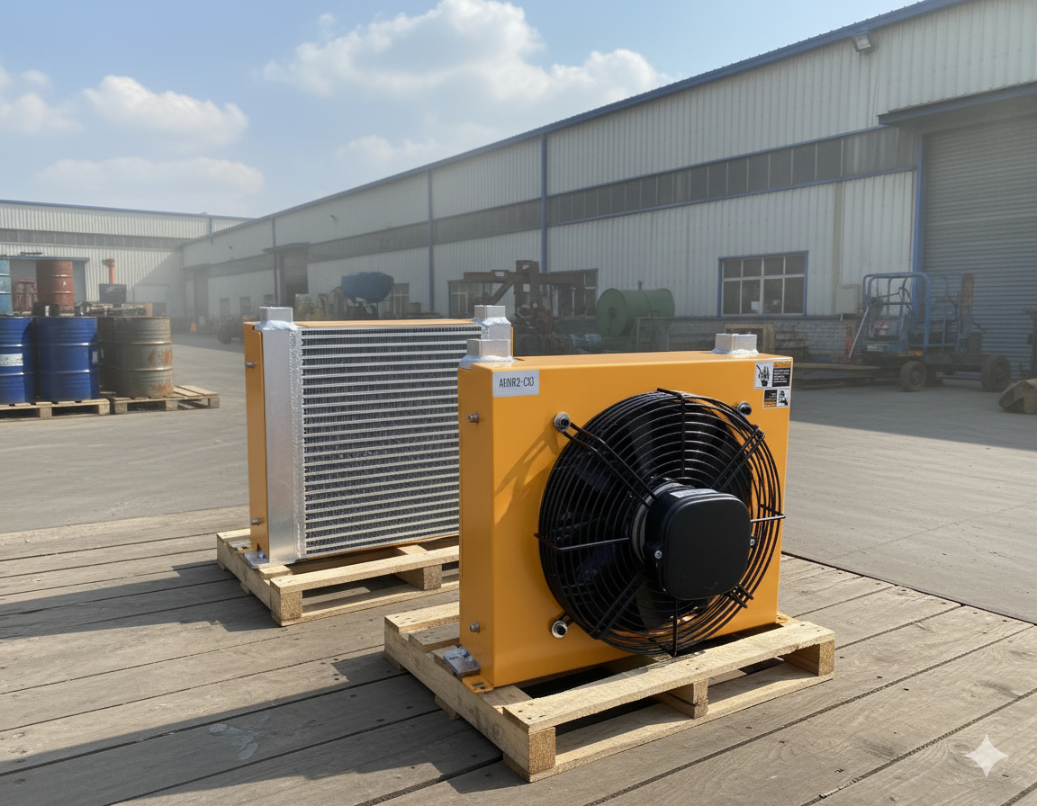 دو نمونه اویل کولر هیدرولیک هواخنک فن‌دار با بدنه آلومینیومی مقاوم، آماده ارسال برای نصب در خطوط تولید و سیستم‌های هیدرولیکی سنگین.