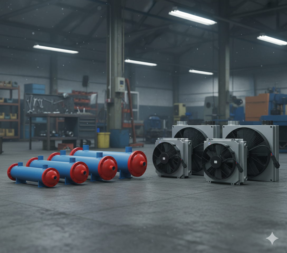 نمونه‌ای از انواع اویل کولرهای هیدرولیک صنعتی تولید داخل، شامل مدل‌های هواخنک و آبی، در محیط کارگاهی تولید و مونتاژ ویرا تجهیز صنعت.