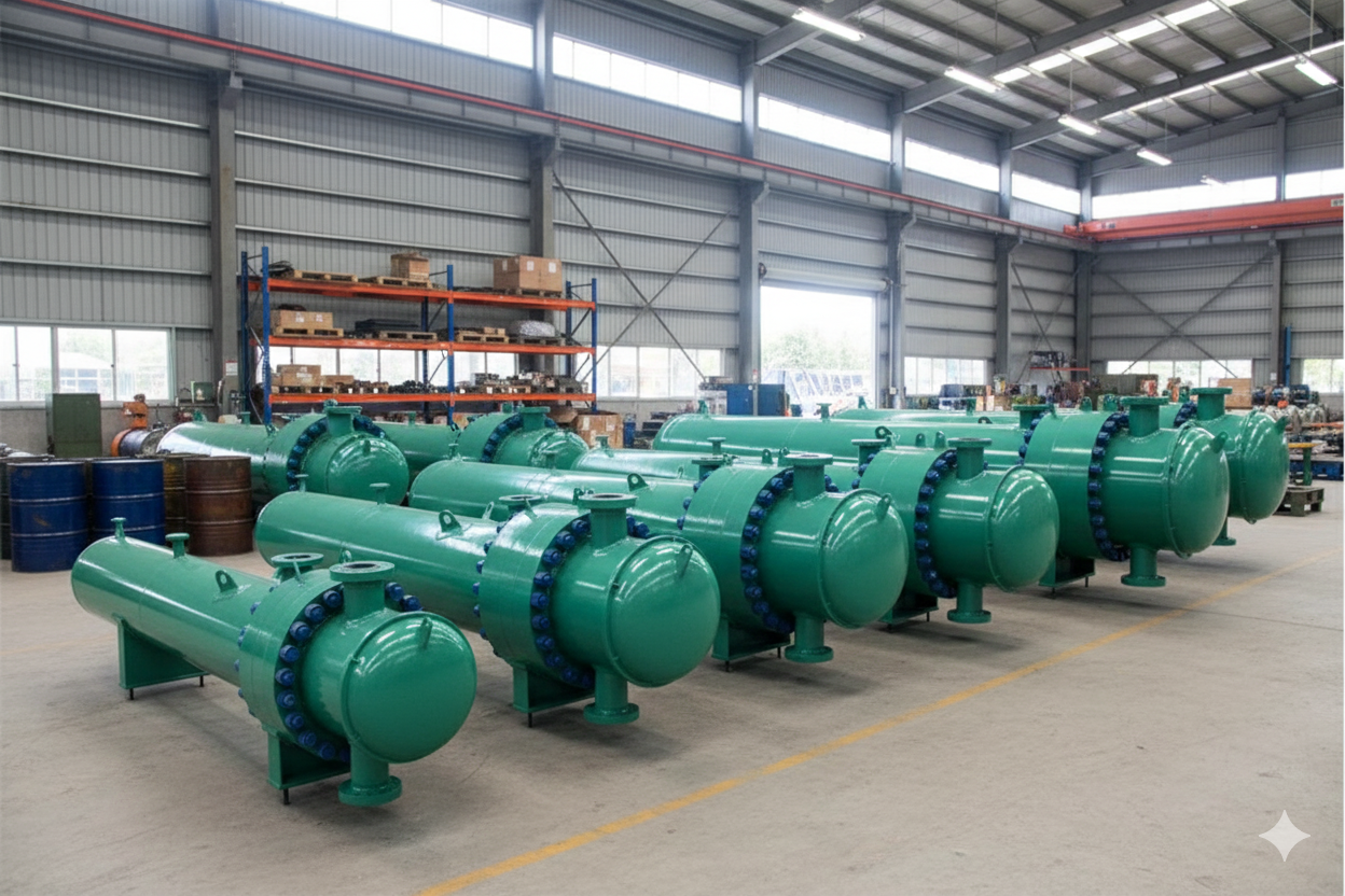 سری مبدل‌های حرارتی پوسته و لوله (اویل کولر آبی) طراحی‌شده برای فشار و دمای بالا، مخصوص صنایع فولاد، نفت و سیمان