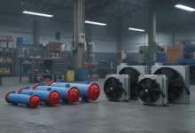 نمونه‌ای از انواع اویل کولرهای هیدرولیک صنعتی تولید داخل، شامل مدل‌های هواخنک و آبی، در محیط کارگاهی تولید و مونتاژ ویرا تجهیز صنعت.